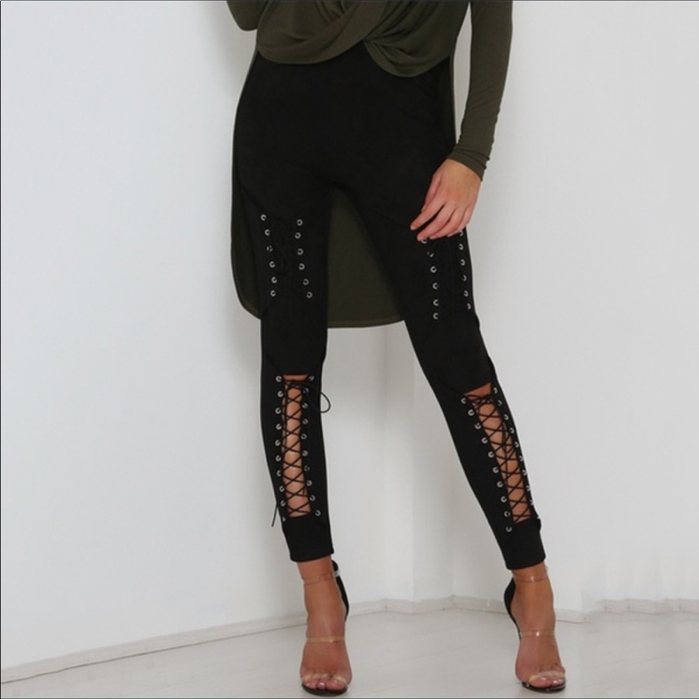 Gorgeous BLACK lace-up cut-out suede leggings